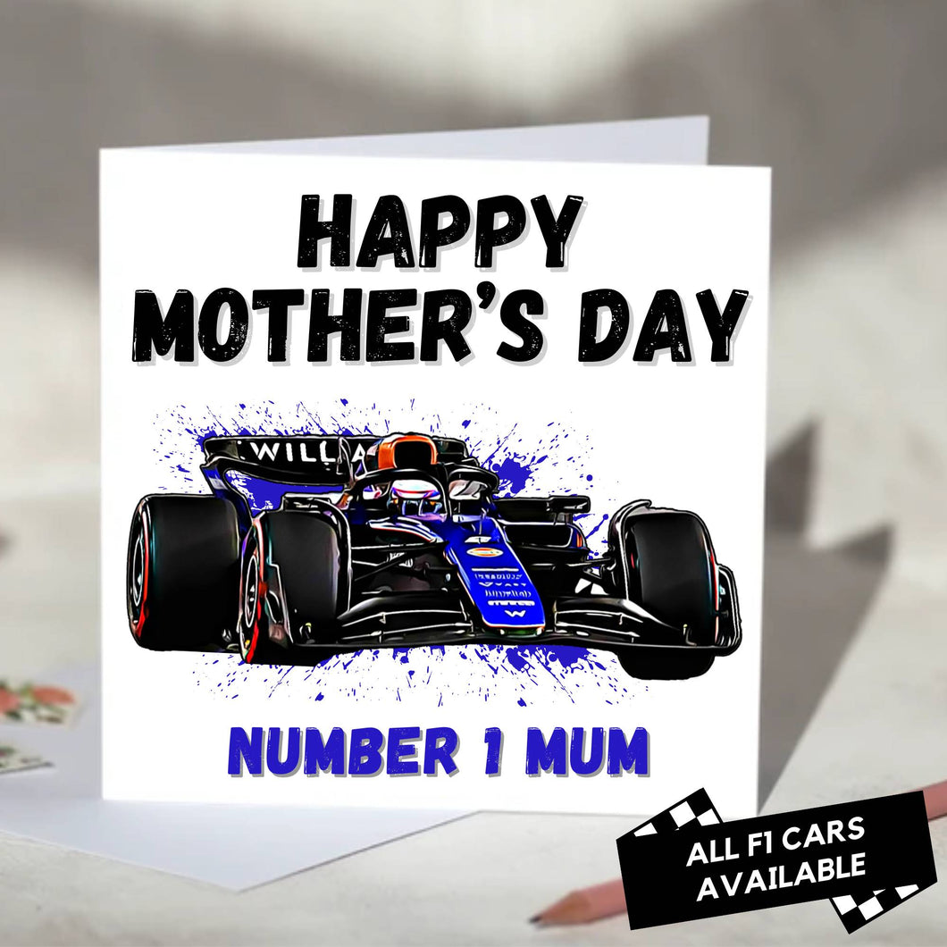 F1 Mother's Day Card Featuring Formula One Racing Car