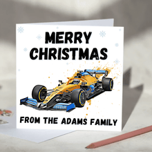 Load image into Gallery viewer, Personalised F1 Christmas Card featuring Racing Cars including Mercedes, Red Bull, McLaren and Ferrari
