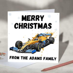 Personalised F1 Christmas Card featuring Racing Cars including Mercedes, Red Bull, McLaren and Ferrari