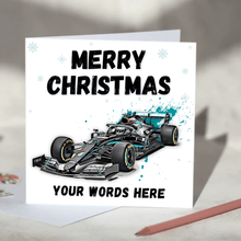 Load image into Gallery viewer, Personalised F1 Christmas Card featuring Racing Cars including Mercedes, Red Bull, McLaren and Ferrari
