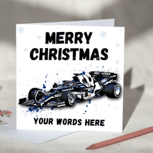 Load image into Gallery viewer, Personalised F1 Christmas Card featuring Racing Cars including Mercedes, Red Bull, McLaren and Ferrari
