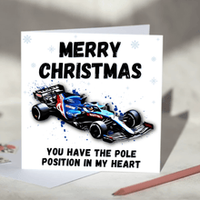 Load image into Gallery viewer, Personalised F1 Christmas Card featuring Racing Cars including Mercedes, Red Bull, McLaren and Ferrari
