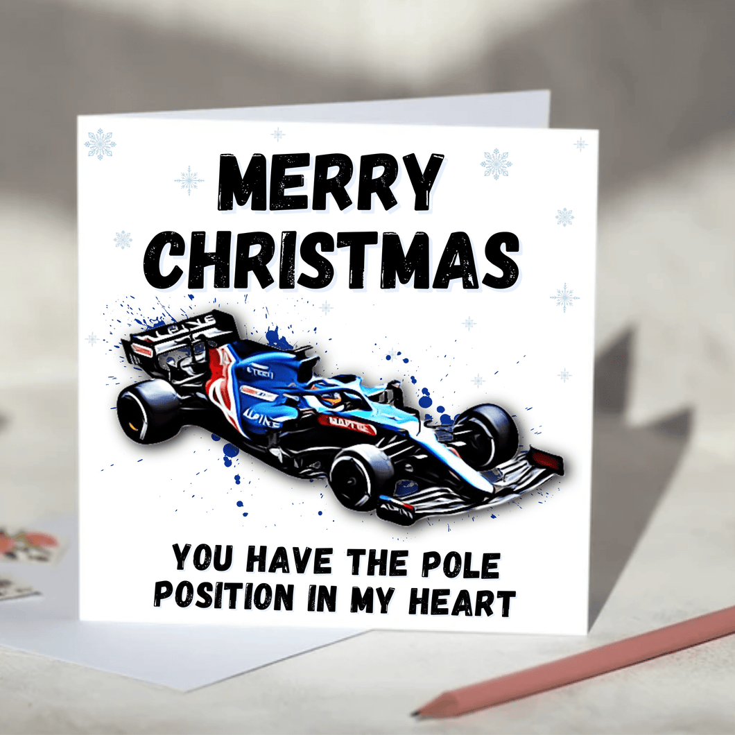 Personalised F1 Christmas Card featuring Racing Cars including Mercedes, Red Bull, McLaren and Ferrari