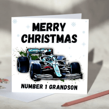 Load image into Gallery viewer, Personalised F1 Christmas Card featuring Racing Cars including Mercedes, Red Bull, McLaren and Ferrari
