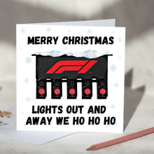 Load image into Gallery viewer, Lights Out and Away We HO HO HO F1 Christmas Card
