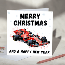 Load image into Gallery viewer, Personalised F1 Christmas Card featuring Racing Cars including Mercedes, Red Bull, McLaren and Ferrari
