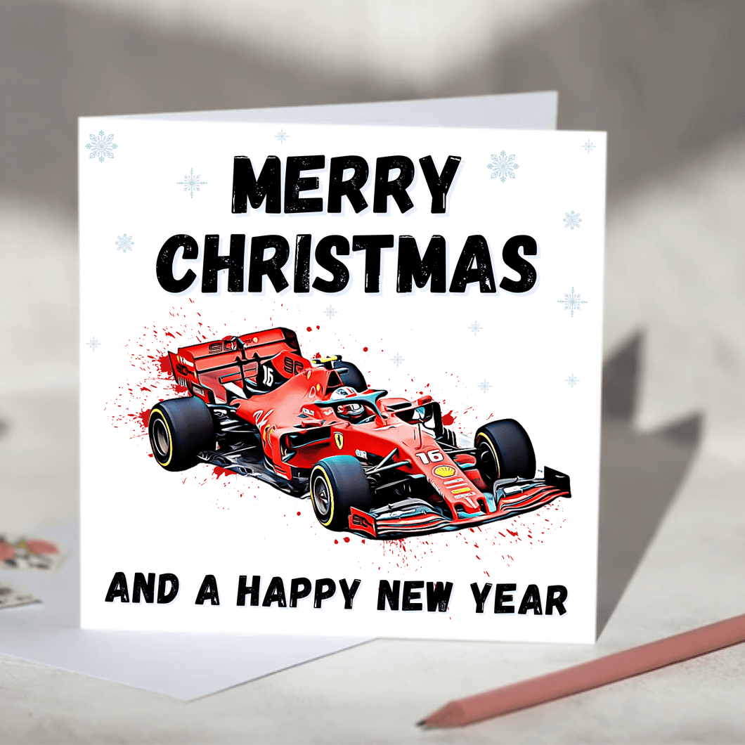 Personalised F1 Christmas Card featuring Racing Cars including Mercedes, Red Bull, McLaren and Ferrari