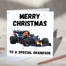 Load image into Gallery viewer, Personalised F1 Christmas Card featuring Racing Cars including Mercedes, Red Bull, McLaren and Ferrari
