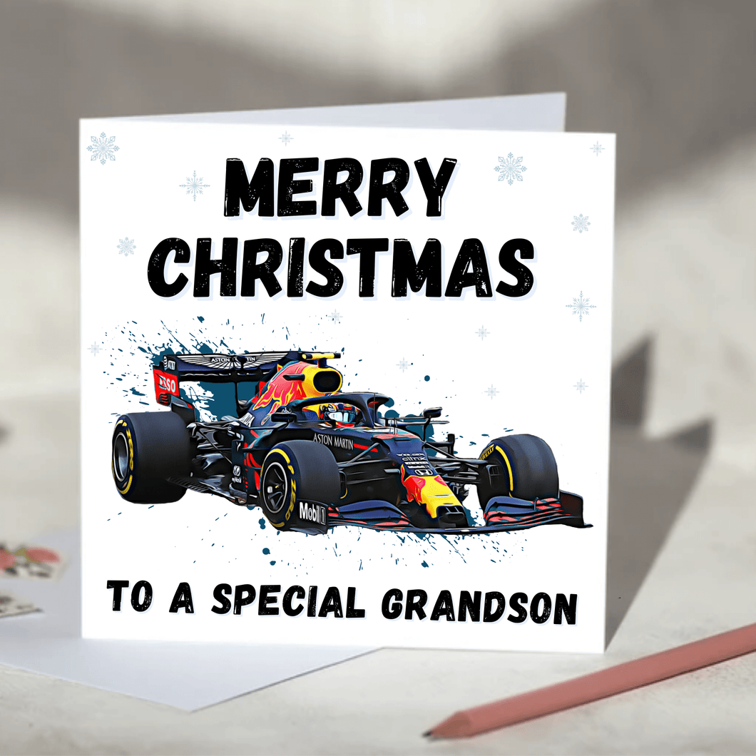 Personalised F1 Christmas Card featuring Racing Cars including Mercedes, Red Bull, McLaren and Ferrari