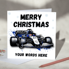 Load image into Gallery viewer, Personalised F1 Christmas Card featuring Racing Cars including Mercedes, Red Bull, McLaren and Ferrari
